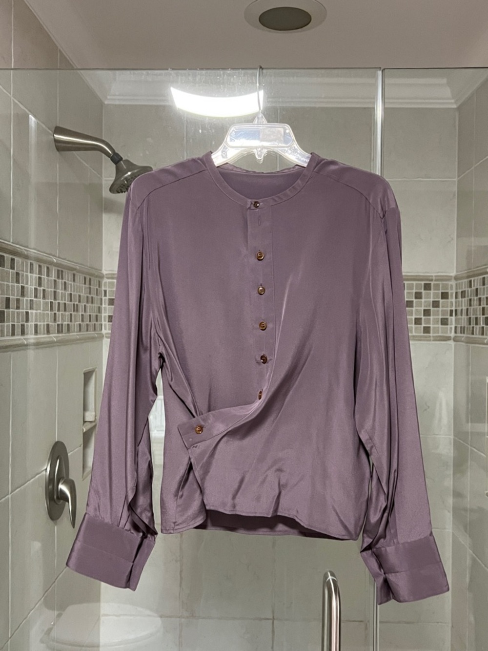 Silk Grey Purple Button-Front Women’s Top